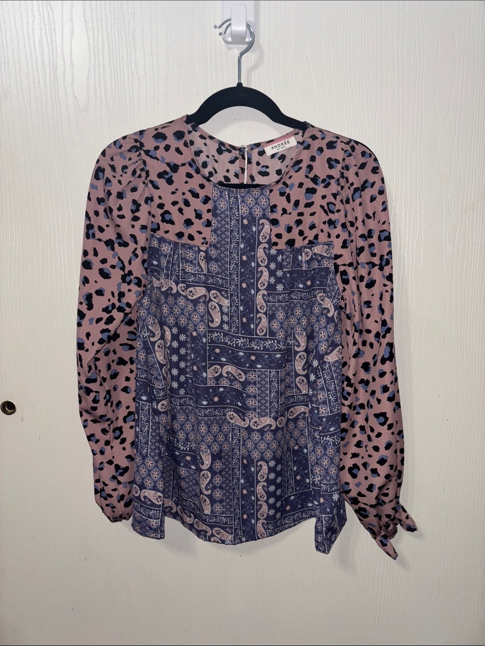 Andree Pink and Blue Mixed-Print Long Sleeve Blouse